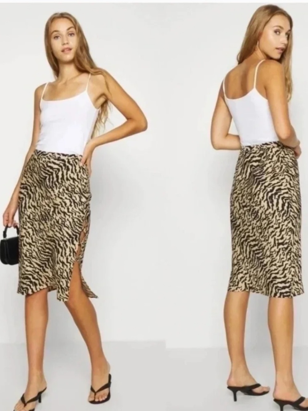 Good American Bias Cut Zebra Print Midi Skirt Size 2X NWT Black Tan